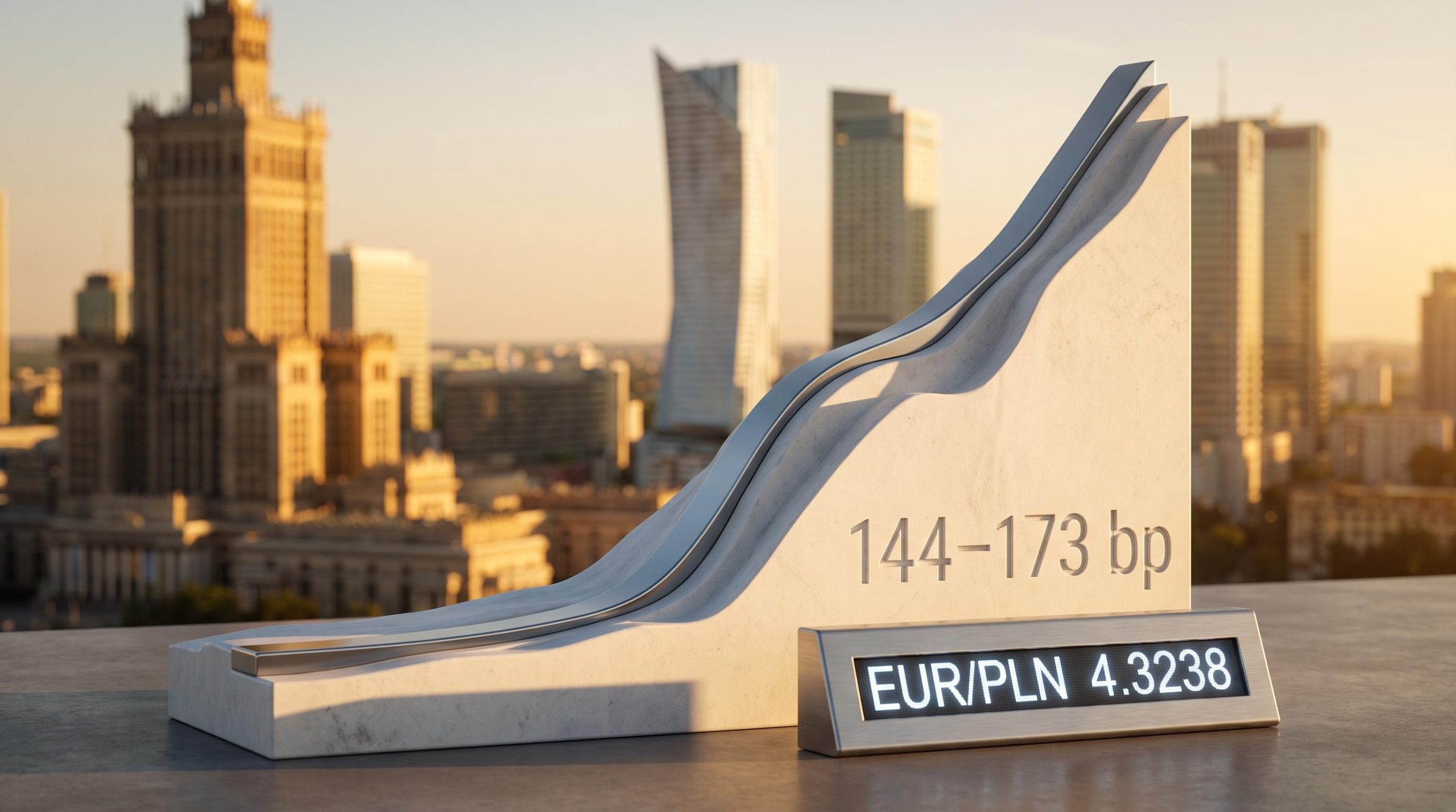 Poland yield curve ridge sculpture showing 144–173 bp spread with EUR/PLN 4.3238 and Warsaw skyline — NBP monetary policy analysis