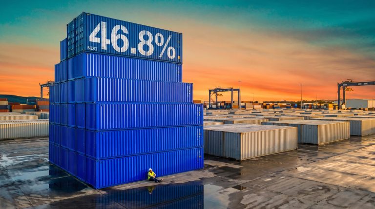 Tower of ten blue shipping containers marked 46.8% above grey containers, illustrating NDQ ETF concentration risk
