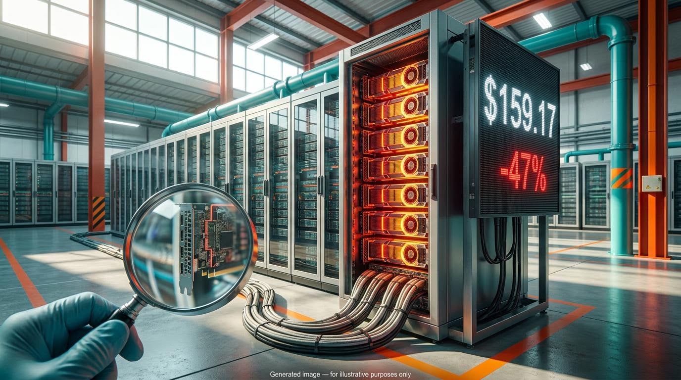 Nebius stock at $159.17 shown on a GPU server rack display in a data centre, with red tones signalling a 47% drawdown