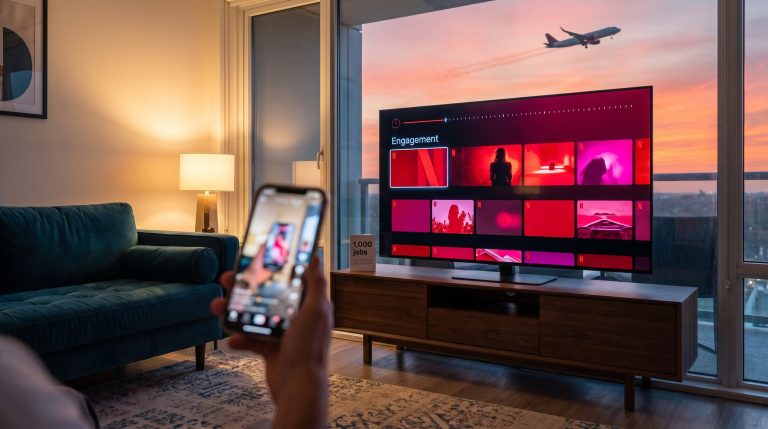 Living-room TV with streaming screen and phone video competing for attention, framing Netflix earnings engagement test