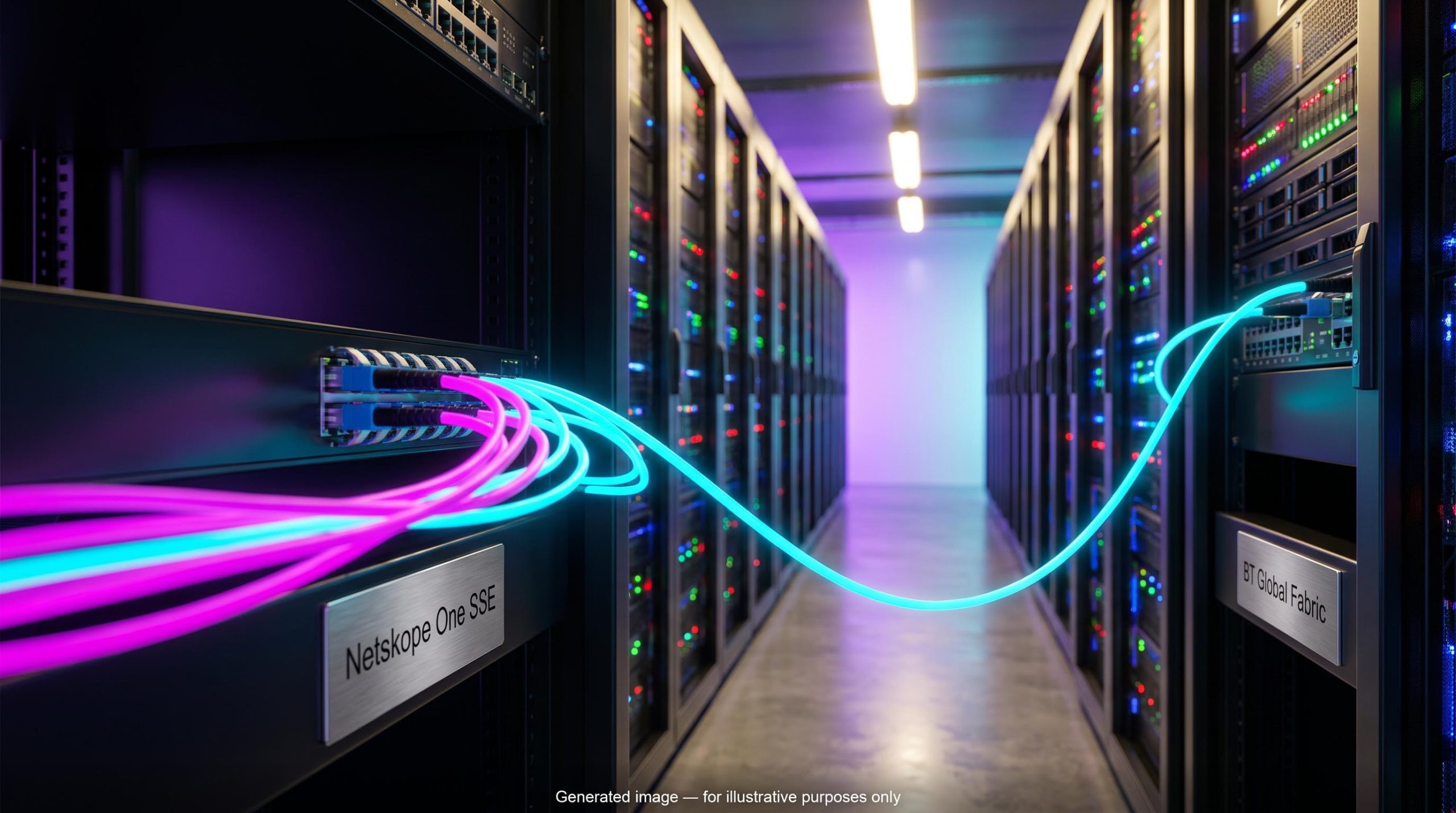 Fibre-optic cables linking two network racks, illustrating the Netskope BT International partnership and direct peering