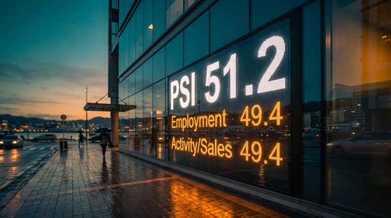 Wellington financial district display showing New Zealand services sector PSI 51.2 alongside sub-50 employment and activity readings