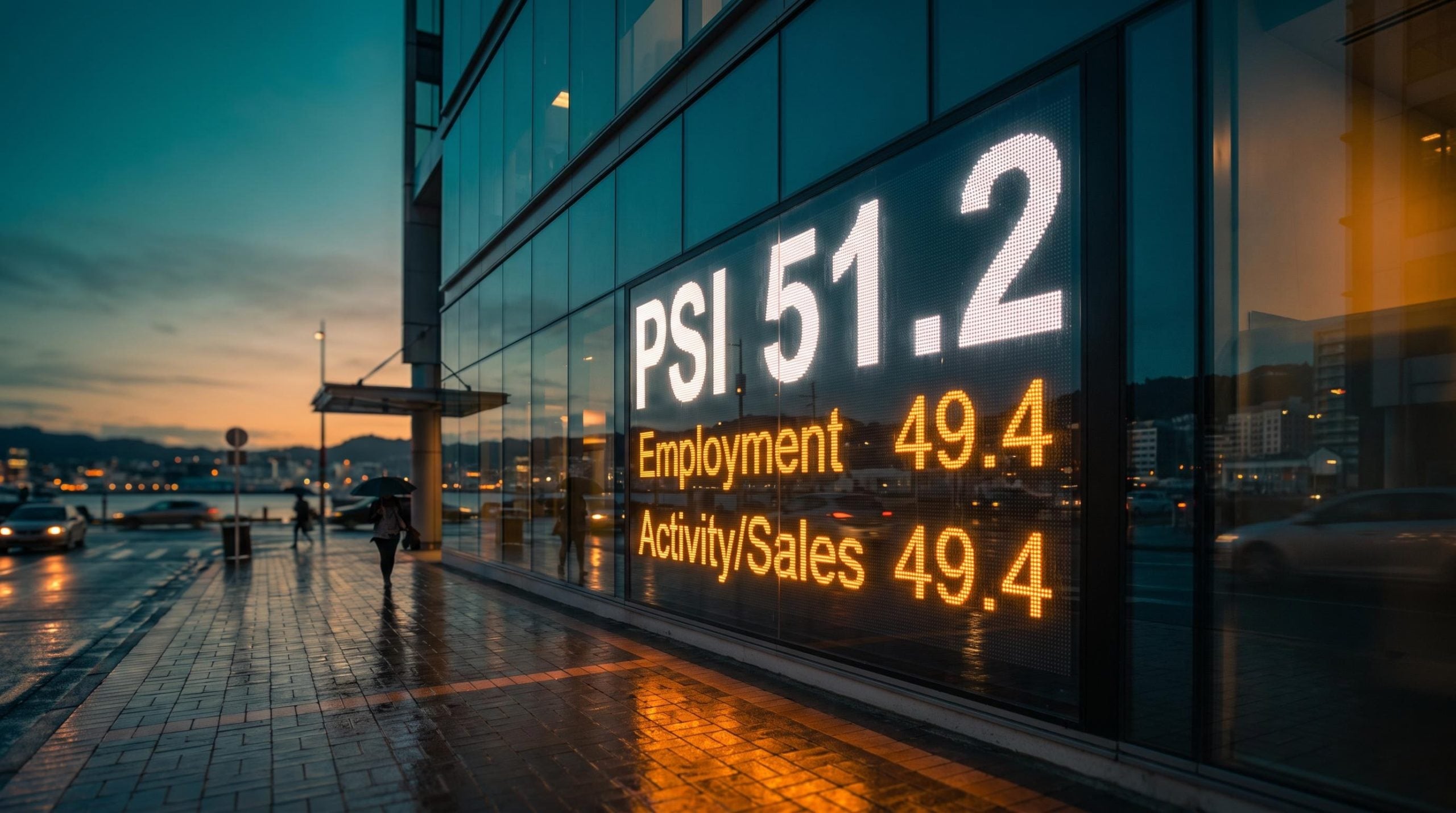 Wellington financial district display showing New Zealand services sector PSI 51.2 alongside sub-50 employment and activity readings
