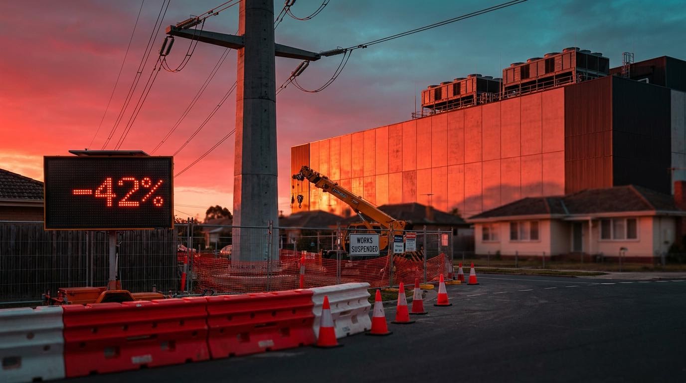 Stalled power line works beside a Melbourne data centre as the NextDC share price falls 42% on a grid delay