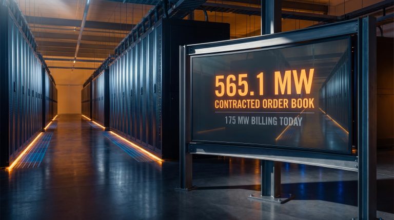 NextDC data centre corridor with 565.1 MW contracted order book display — stock analysis