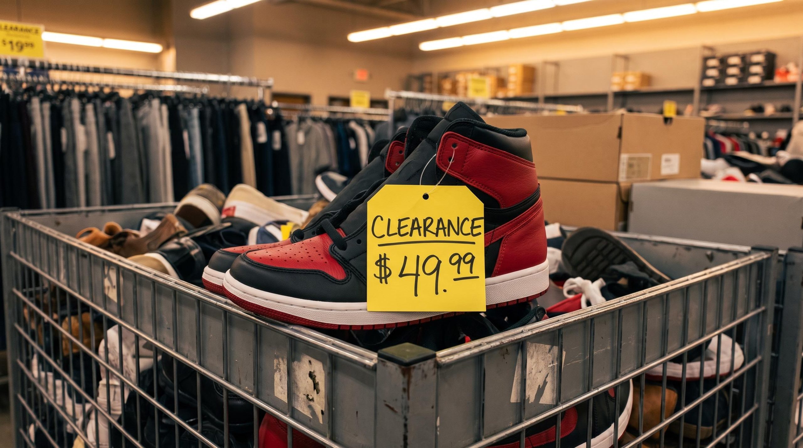 Air Jordan sneaker in outlet clearance bin with markdown price tag — Nike brand erosion and pricing power collapse