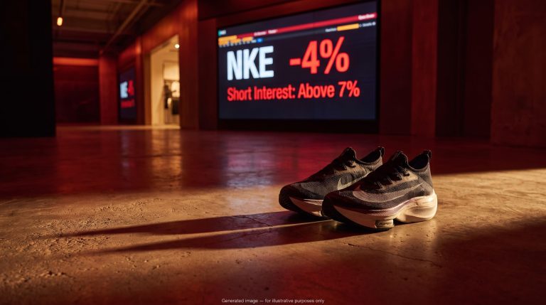 Nike shoes in red-amber light with NKE -4% on trading screen as Q1 2027 earnings miss and record short interest hit
