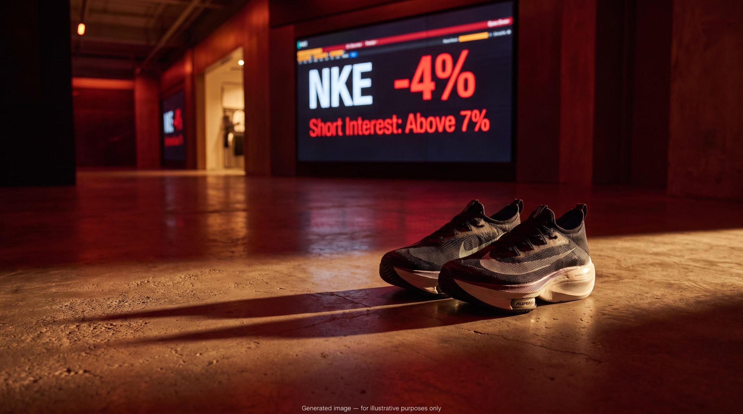 Nike shoes in red-amber light with NKE -4% on trading screen as Q1 2027 earnings miss and record short interest hit