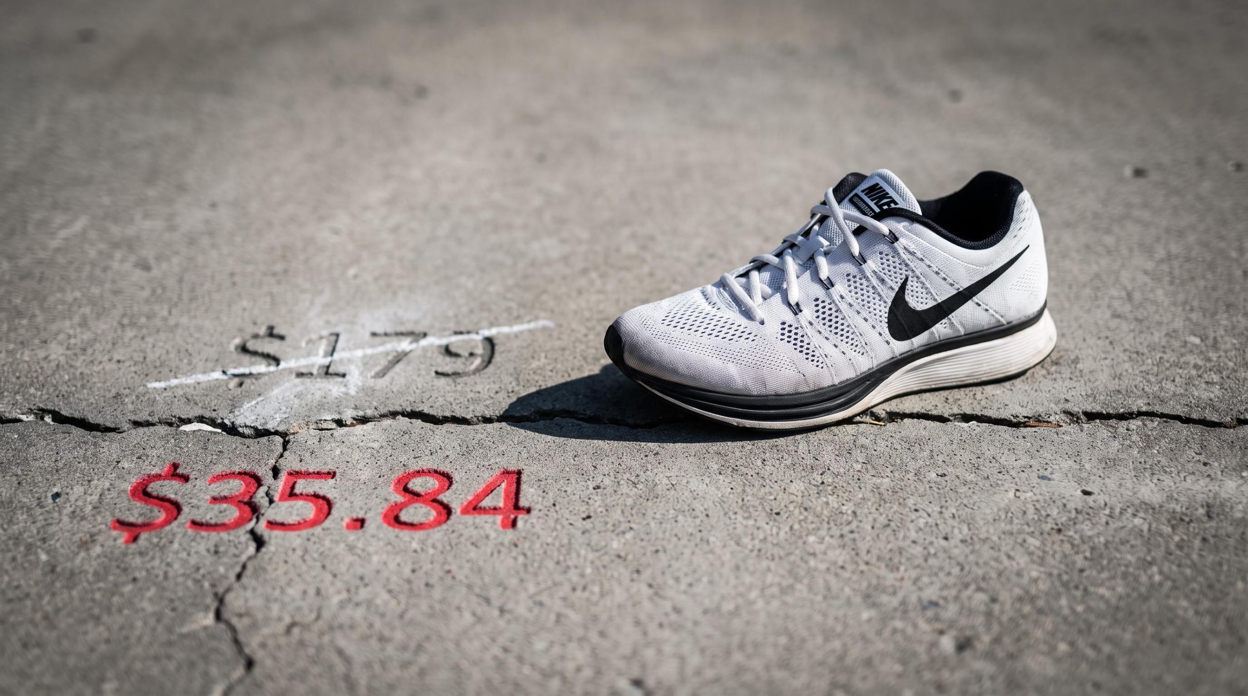 Nike shoe on cracked concrete with $179 crossed out above $35.84 — deep value or value trap analysis