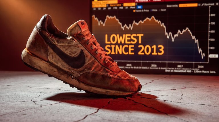 Worn Nike sneaker on cracked concrete with 'Lowest Since 2013' trading screen — Nike stock collapse analysis