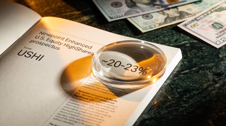 Ninepoint USHI ETF prospectus under a magnifying lens with ~20-23% yield estimate visible on granite surface