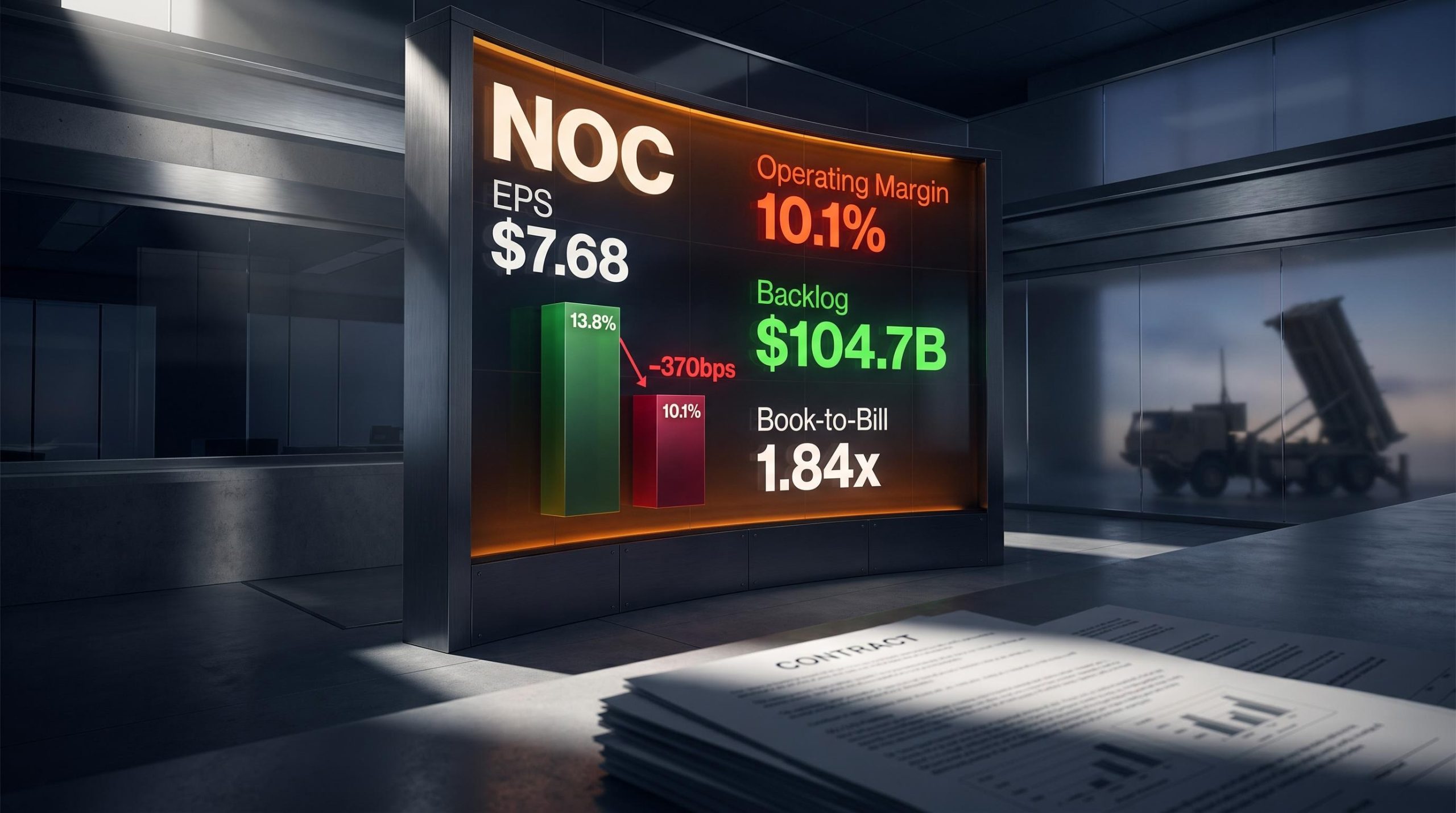 NOC stock analysis showing $104.7B backlog vs 10.1% operating margin compression on defence data screen