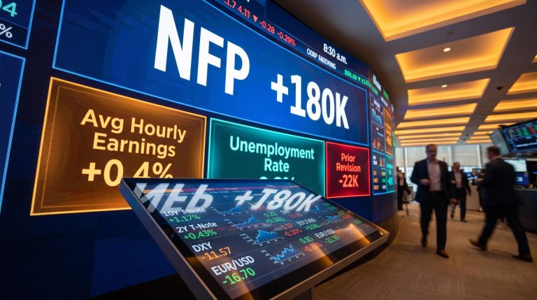 NFP data wall displaying payrolls, wages and revisions on a live trading floor at 8:30am market open