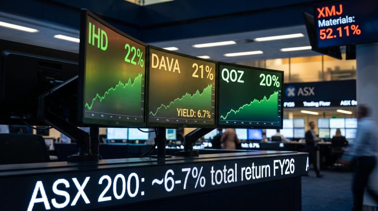 IHD, DAVA and QOZ ETF screens showing 20-22% FY26 returns, tripling the ASX 200 without resources exposure