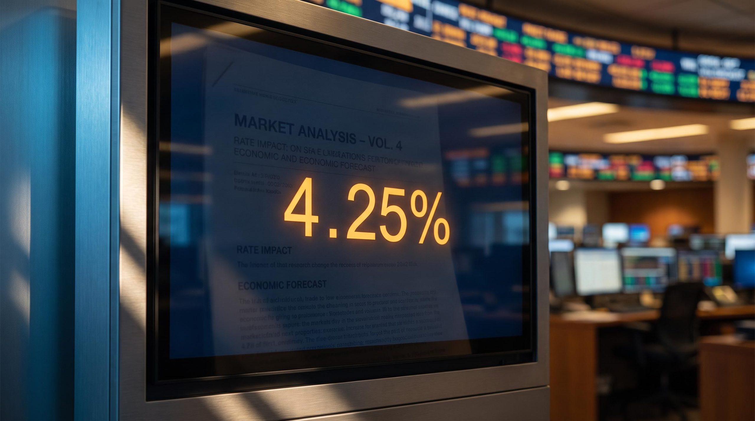 Financial terminal displaying "4.25%" Fed rate target as Nordea forecasts two more Fed rate hike predictions