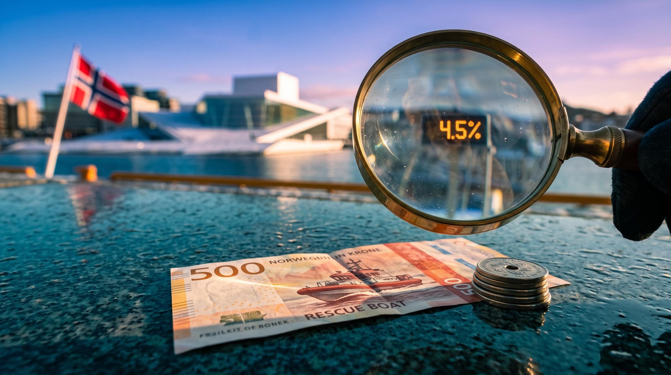 Magnifying lens over a Norwegian krone note with 4.5% display before Oslo fjord, framing the Norges Bank rate decision