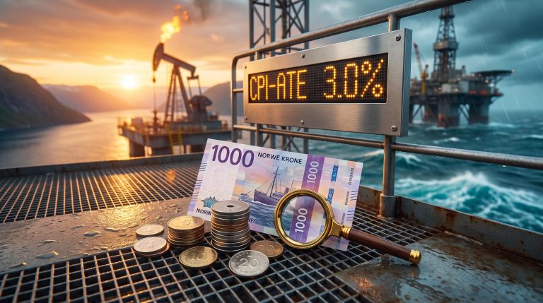 Norwegian krone banknote on an oil platform deck beside a CPI-ATE 3.0% sign, framing the Norwegian krone outlook