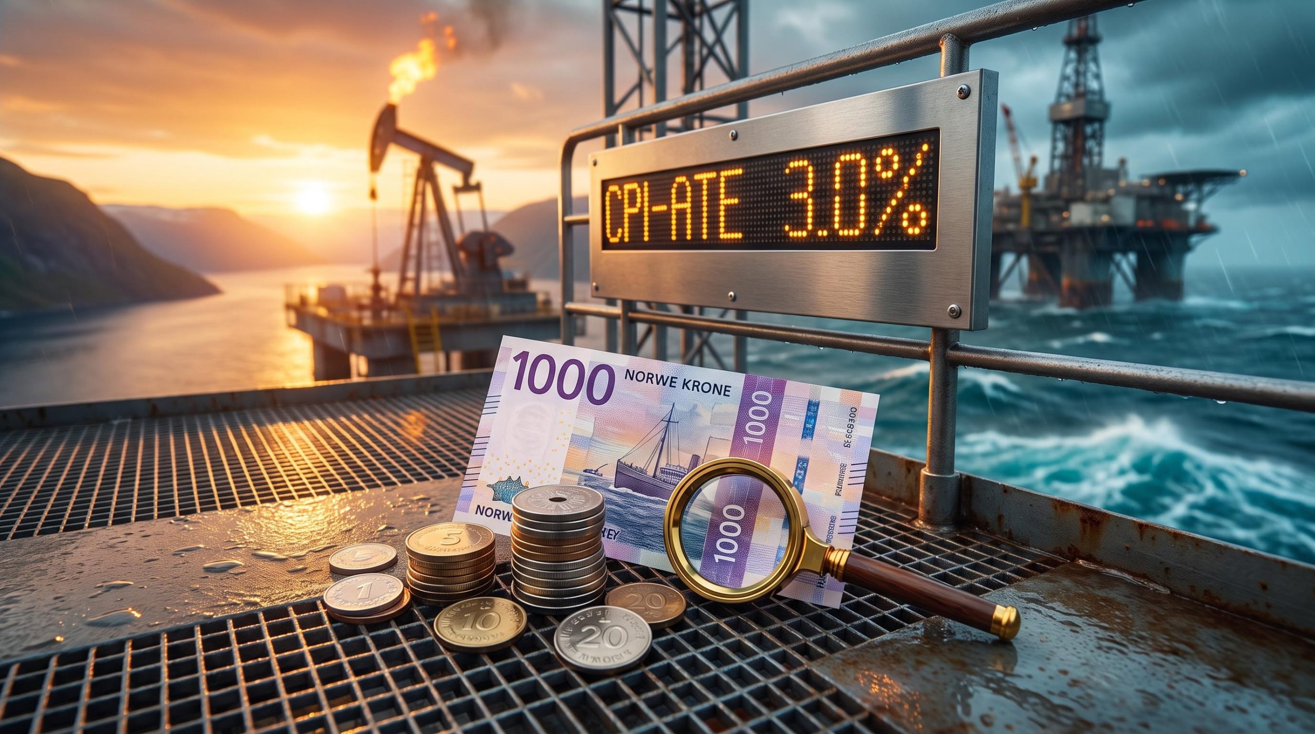 Norwegian krone banknote on an oil platform deck beside a CPI-ATE 3.0% sign, framing the Norwegian krone outlook