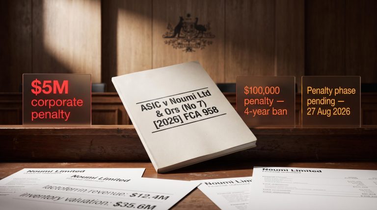 Federal Court judgment ASIC v Noumi case citation with $5M penalty and liability findings against CEO Macleod