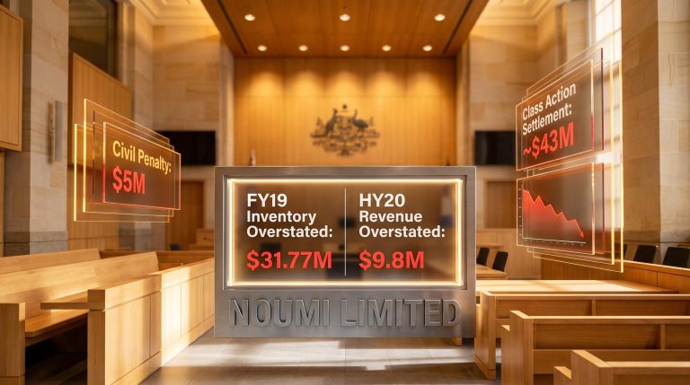 Noumi financial scandal penalty figures — $5M ASIC penalty and $43M class action settlement displayed on Federal Court data panels
