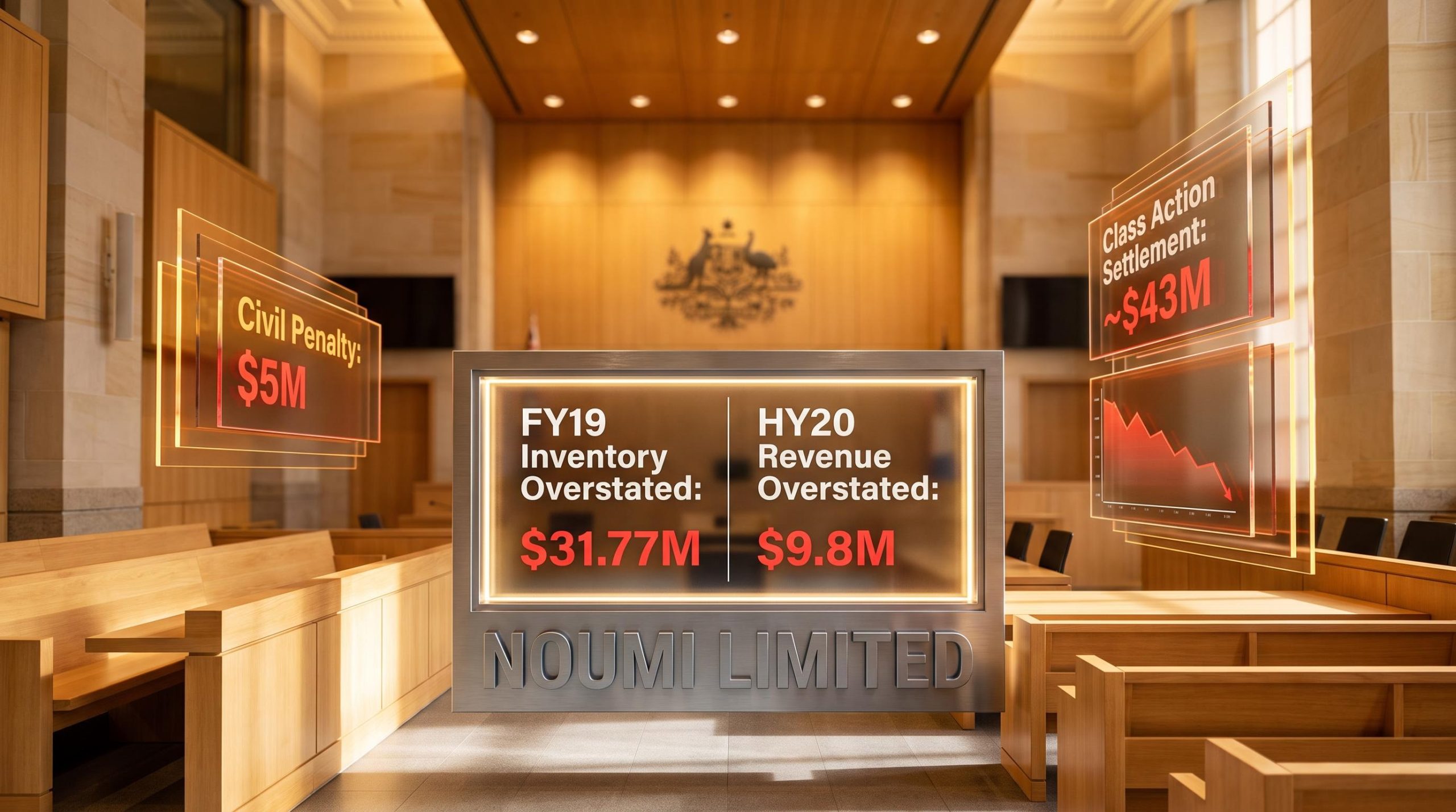 Noumi financial scandal penalty figures — $5M ASIC penalty and $43M class action settlement displayed on Federal Court data panels