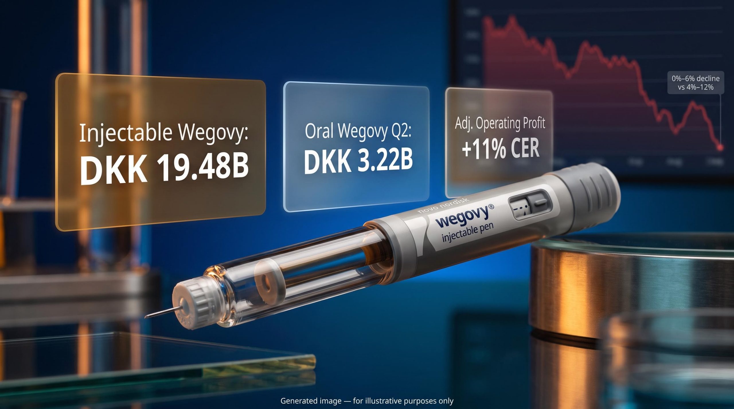 Novo Nordisk Wegovy pen with Q2 earnings data panels showing DKK 19.48B injectable revenue and share decline