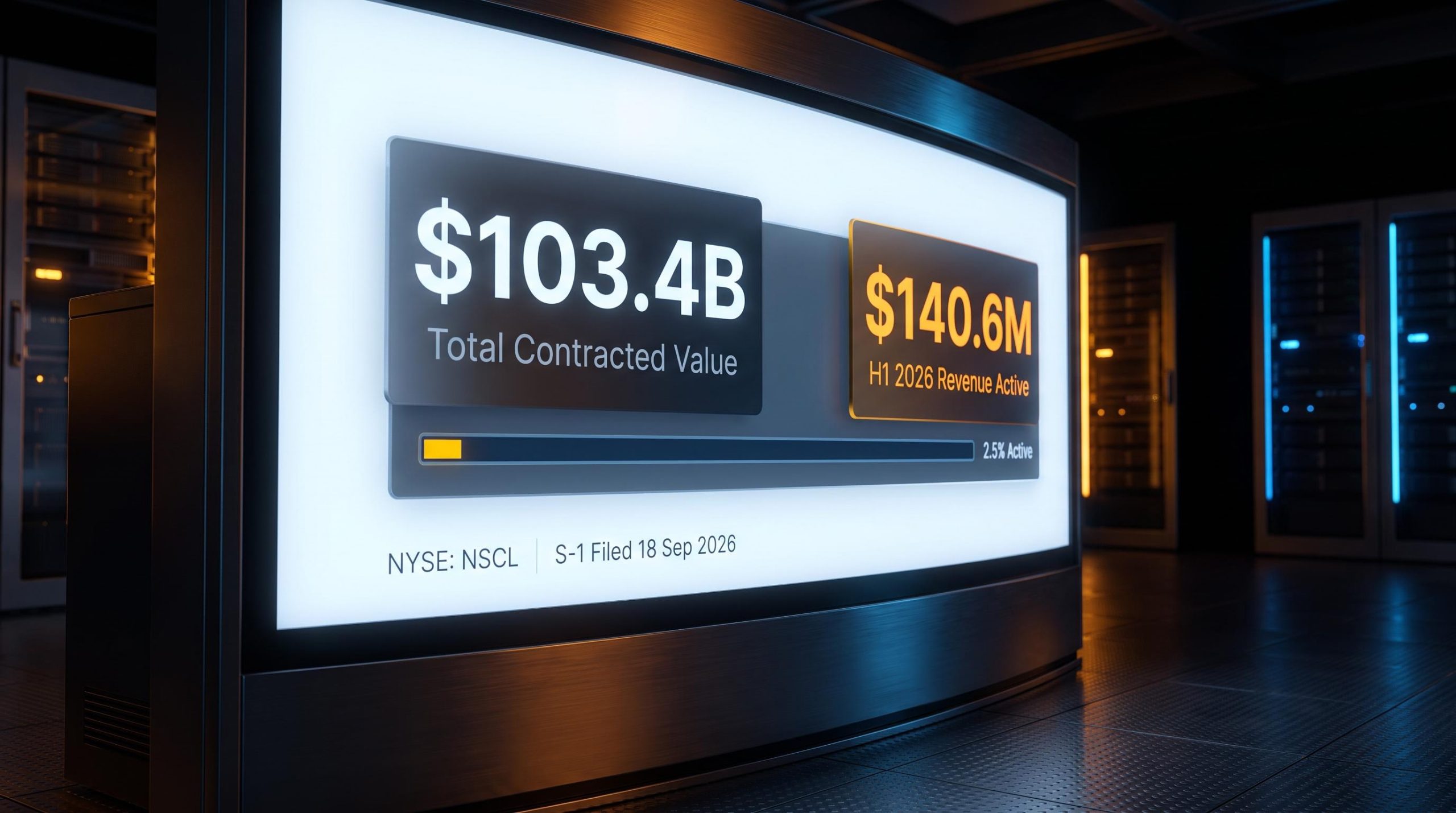 Nscale IPO filing screen showing $103.4B contracted vs $140.6M active H1 2026 revenue on NYSE ticker NSCL