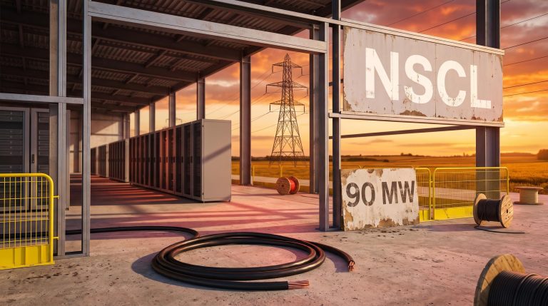 Unfinished Loughton data centre with severed power cable and pylon at sunset as Nscale IPO faces Microsoft exit report