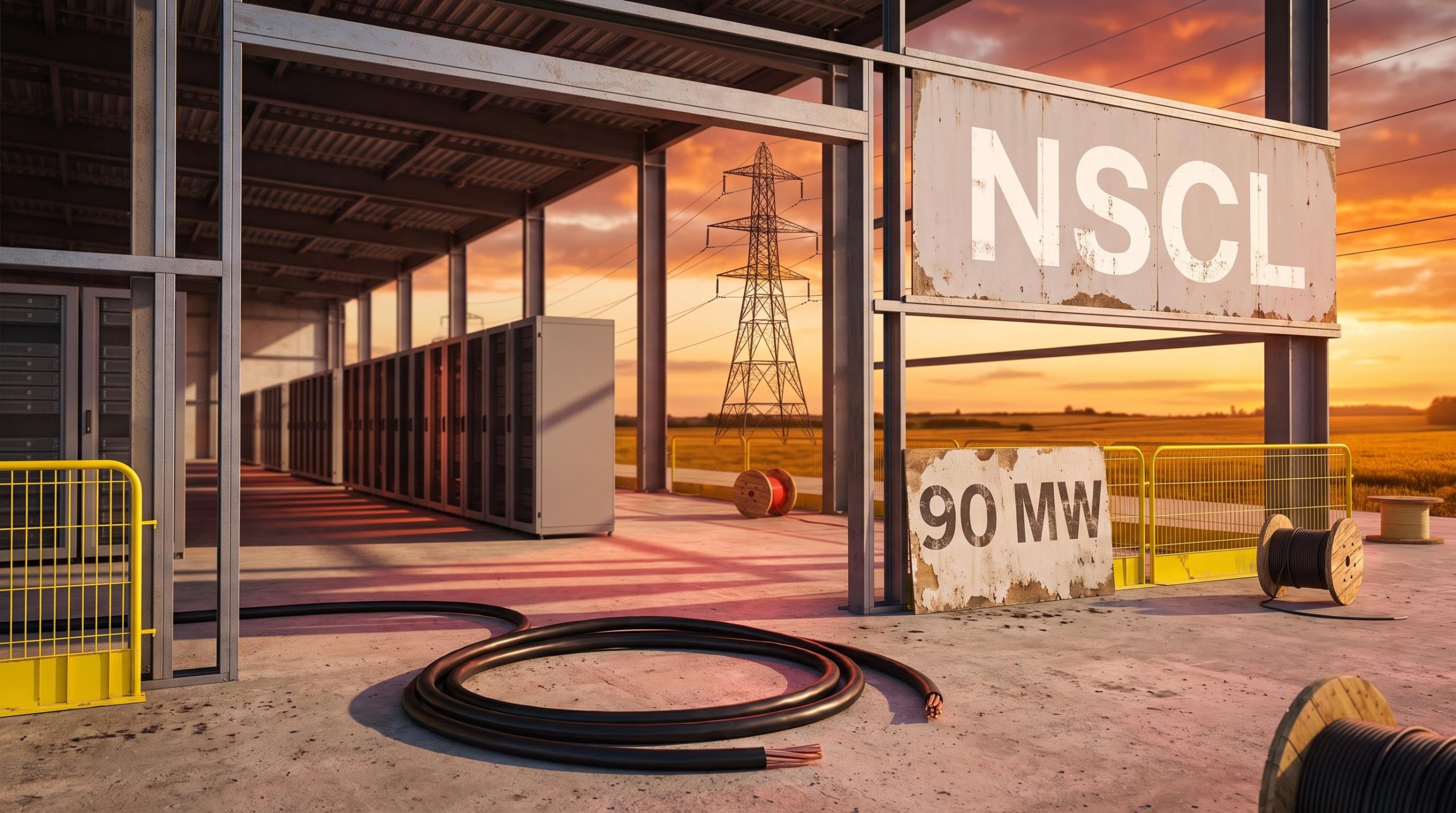 Unfinished Loughton data centre with severed power cable and pylon at sunset as Nscale IPO faces Microsoft exit report
