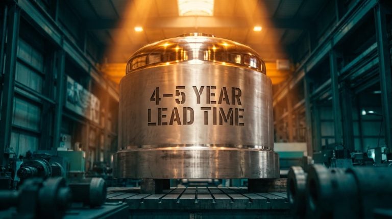 Colossal reactor pressure vessel on a forge floor stamped with 4–5 year lead time — nuclear supply chain investment moat