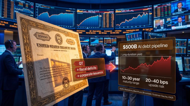 US Treasury bond under supply pressure from Nvidia's $500B AI debt pipeline with yield risk data overlay