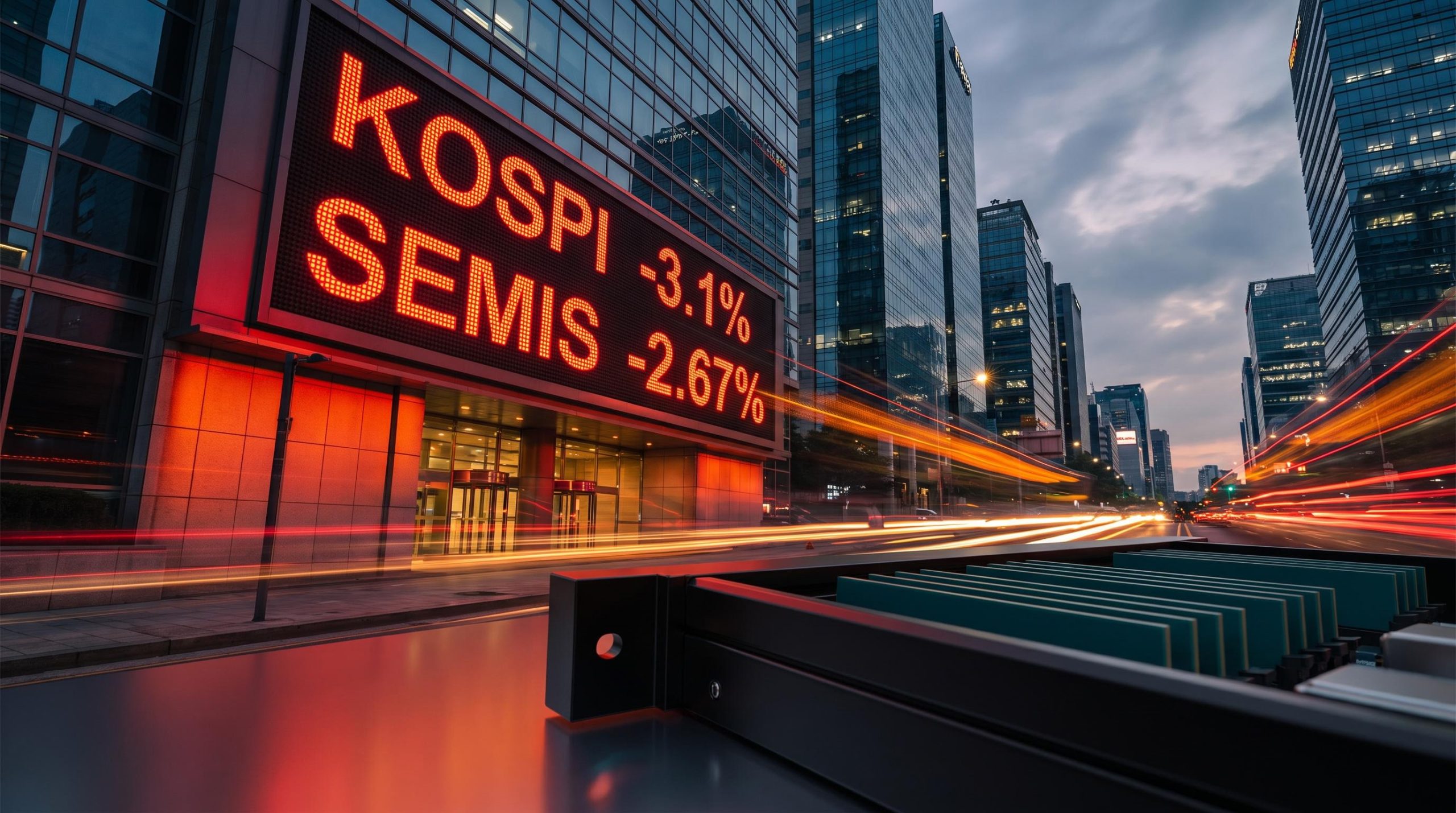 Semiconductor selloff: Kospi -3.1% ticker display alongside Nvidia AI server rack as chip stocks plunge