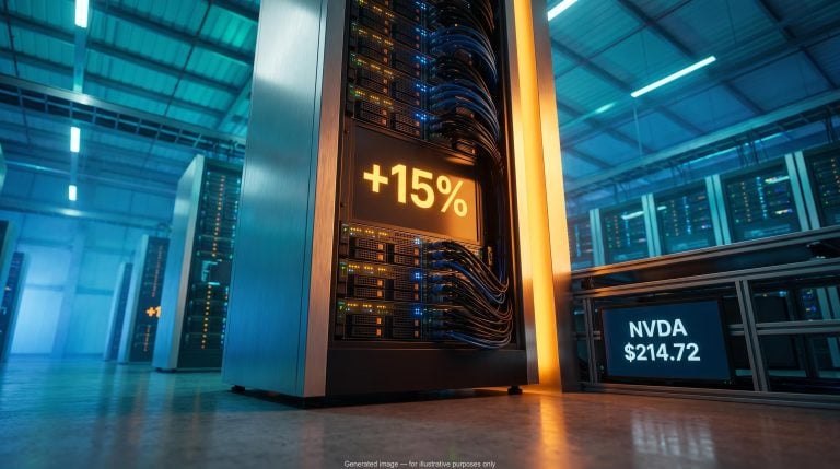 Nvidia AI server rack with +15% price increase display as NVDA shares fall on 2027 pricing alert