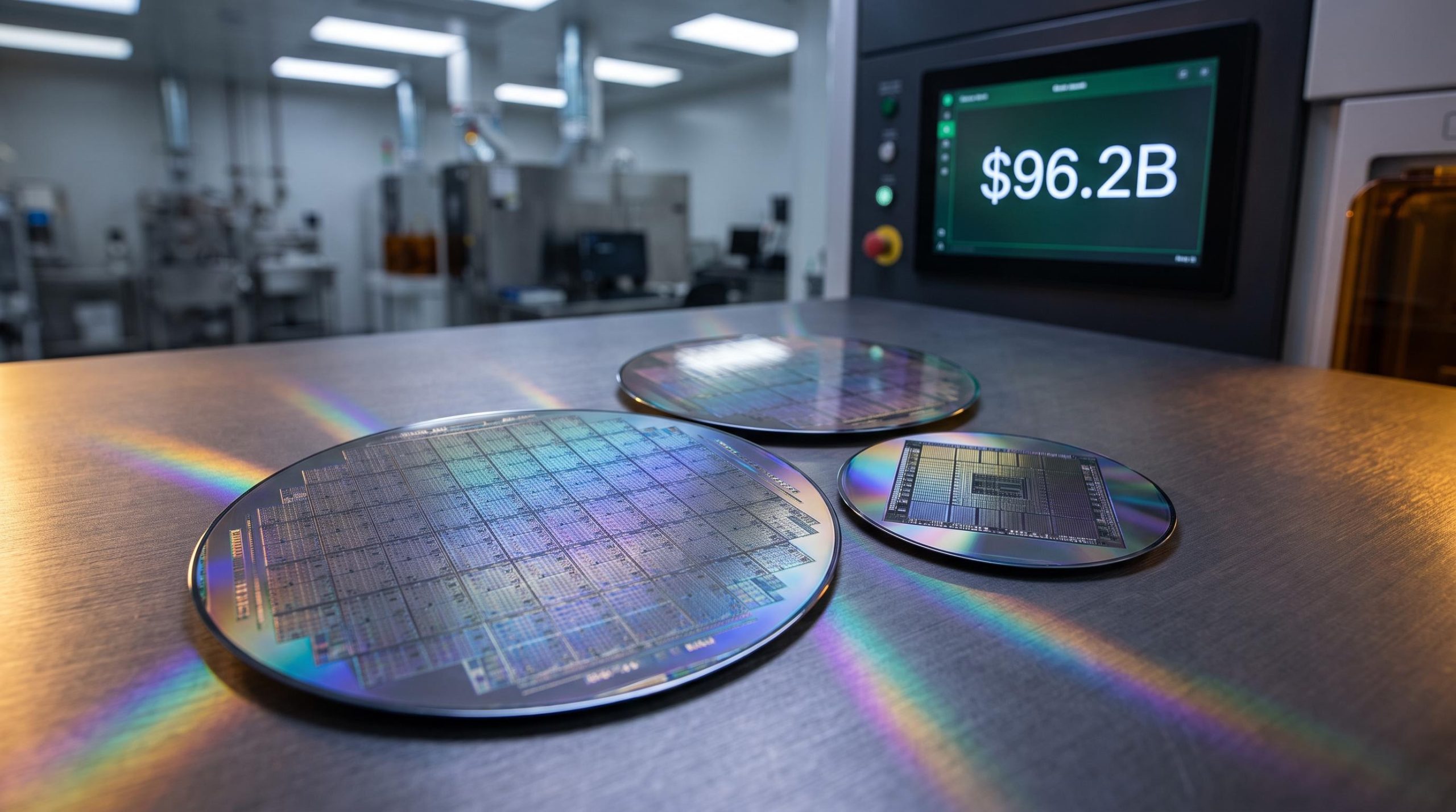 Three semiconductor wafers compared side by side representing Nvidia, AMD, and Broadcom AI chip strategies