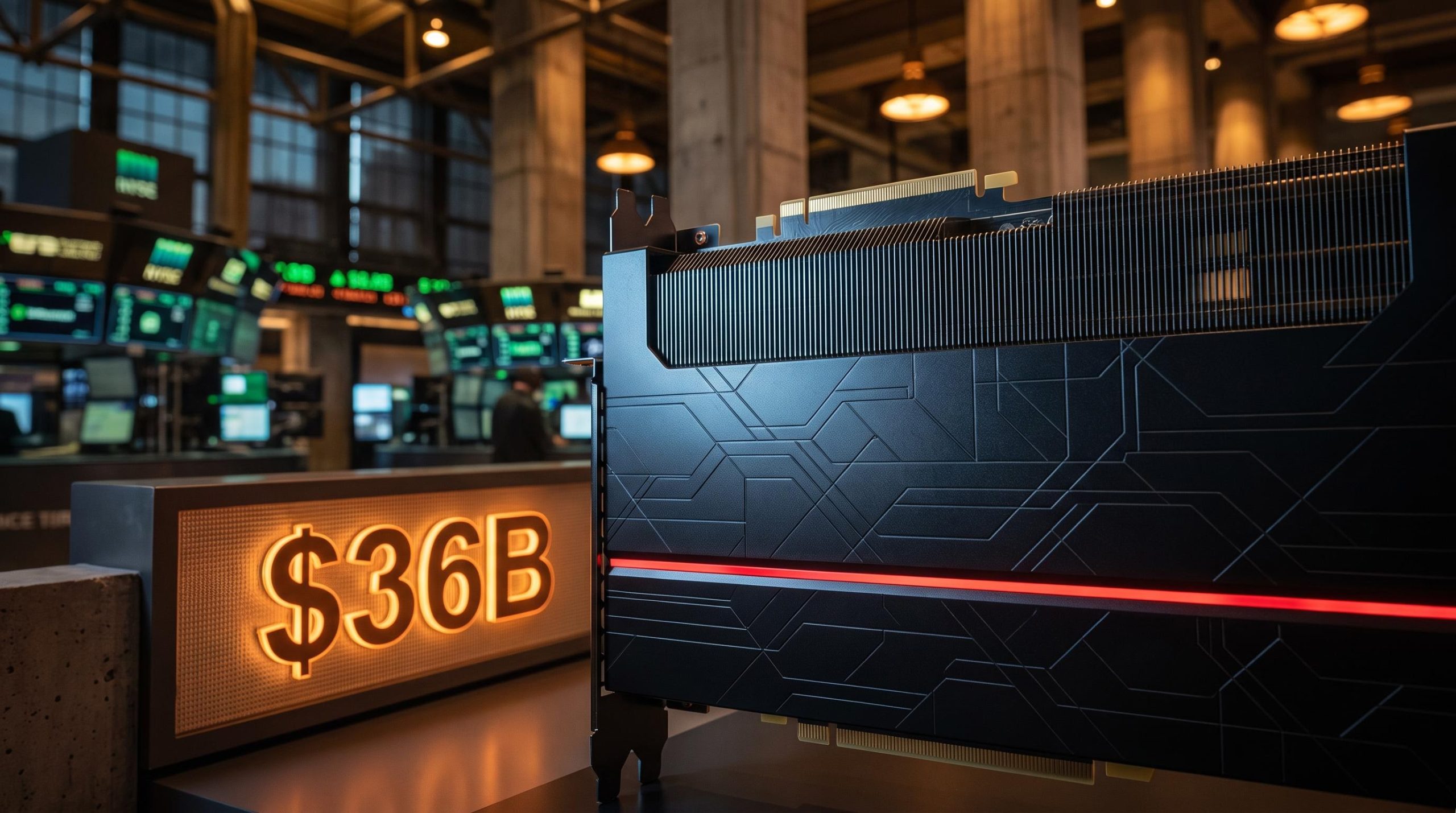 Nvidia GPU server blade with $36B financing commitment display amid trading floor signals of antitrust risk