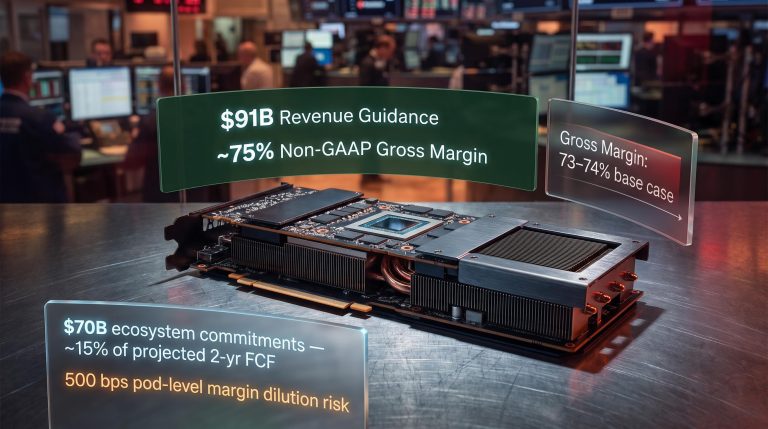 Nvidia GPU board with $91B revenue guidance and bear-case margin risk overlays ahead of August 26 earnings