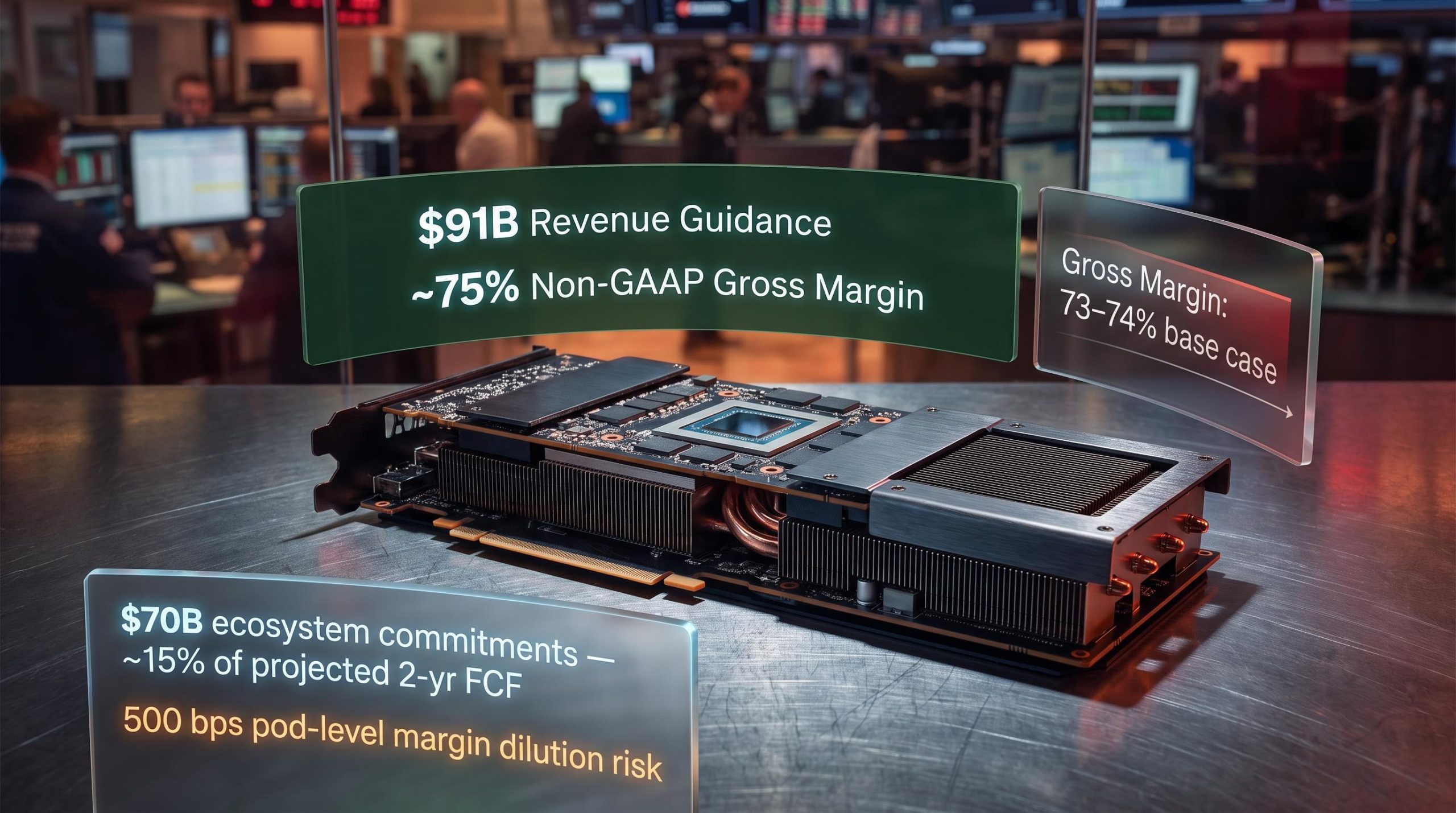 Nvidia GPU board with $91B revenue guidance and bear-case margin risk overlays ahead of August 26 earnings