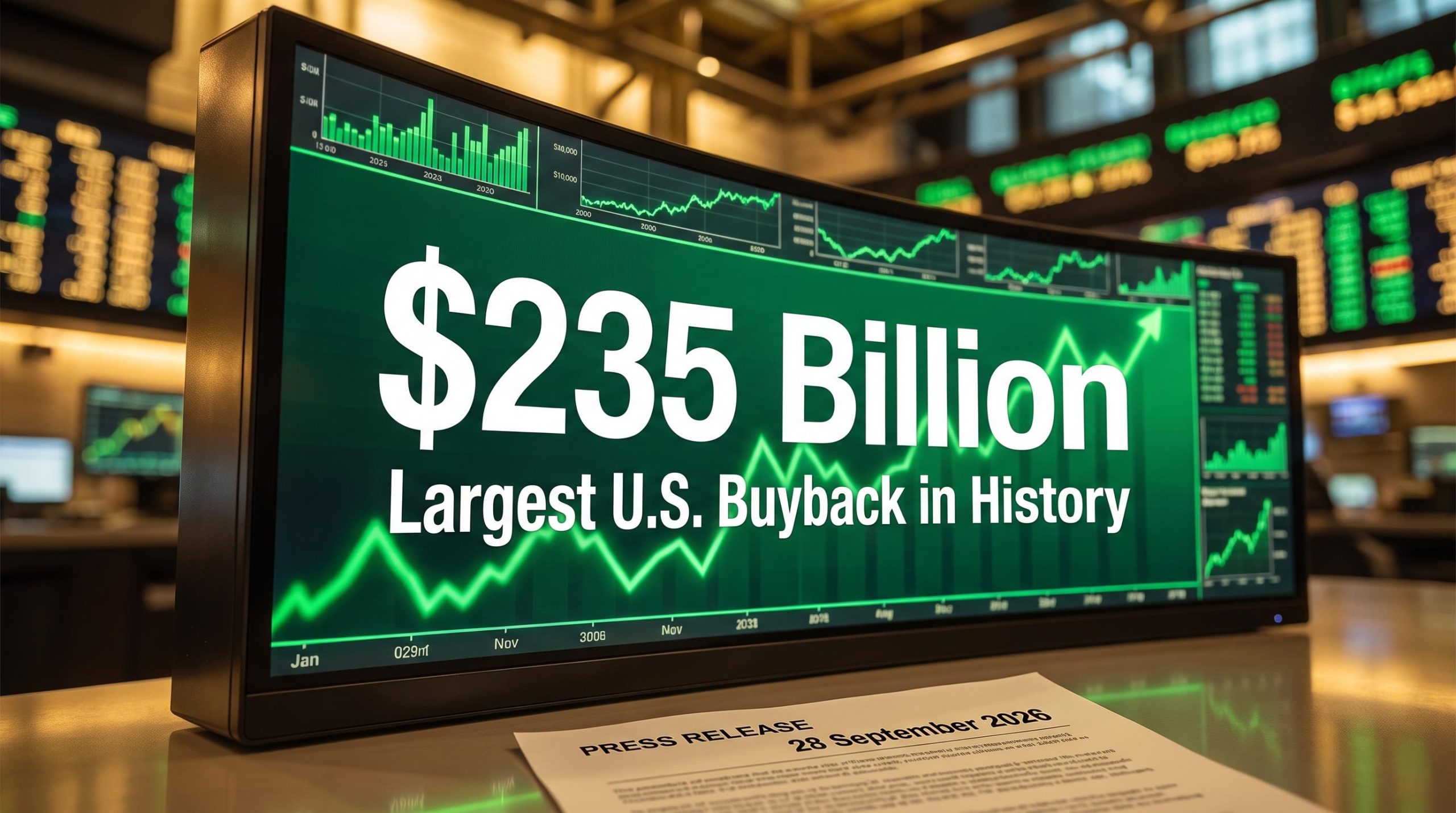 Trading screen displaying "$235 Billion" U.S. record Nvidia buyback authorisation approved 28 September 2026
