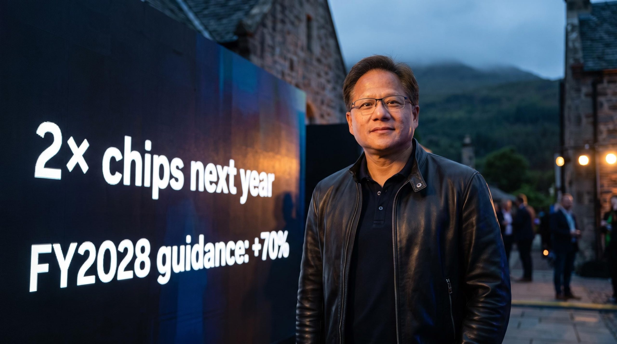 Jensen Huang at Scotland AI summit with Nvidia chip sales forecast of 70% FY2028 revenue growth displayed
