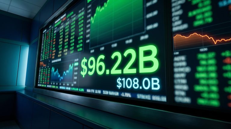 Nvidia Q2 FY27 revenue of $96.22B dominates a trading screen as forward guidance hits $108B