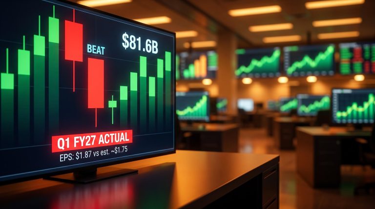 Nvidia Q1 FY27 $81.6B beat shown on trading screen with red downward candle — Nvidia earnings expectations paradox