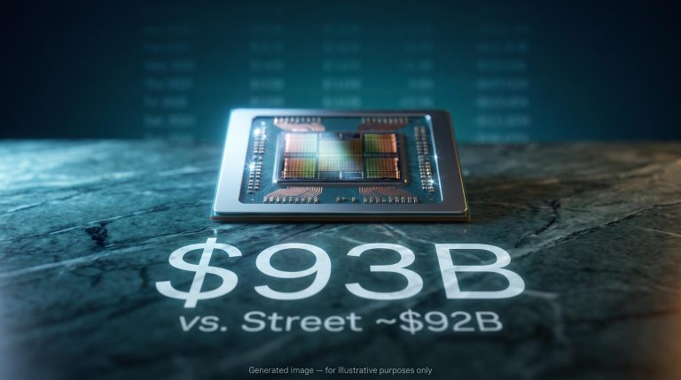 Nvidia Blackwell GPU chip with Citi's $93B revenue forecast etched in light above analyst-bar Street comparison