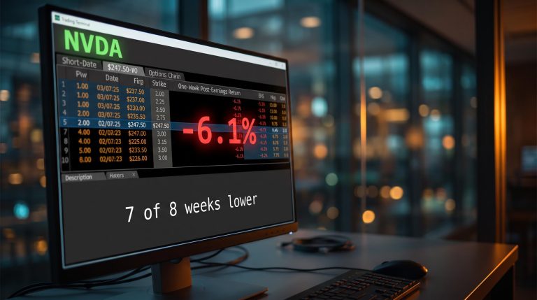 Nvidia options terminal showing $247.50 strike and 7-of-8 weeks lower post-earnings base rate analysis