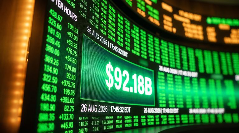 Live after-hours trading screen flashing Nvidia's $92.18B Q2 revenue result as AI sector watches closely