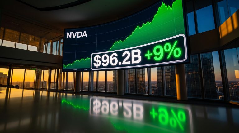 Nvidia Q2 FY2027 earnings surge: NVDA screen shows $96.2B revenue and +9% single-day share gain
