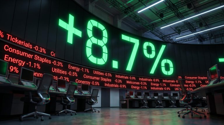 Nvidia +8.7% surges on trading display wall as red tickers fall across all other S&P 500 sectors