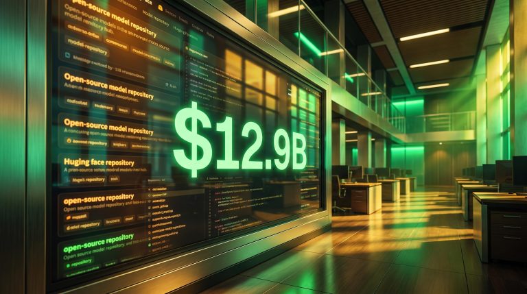 Nvidia's $12.9B Hugging Face acquisition displayed on a glowing trading terminal above an AI model repository cascade