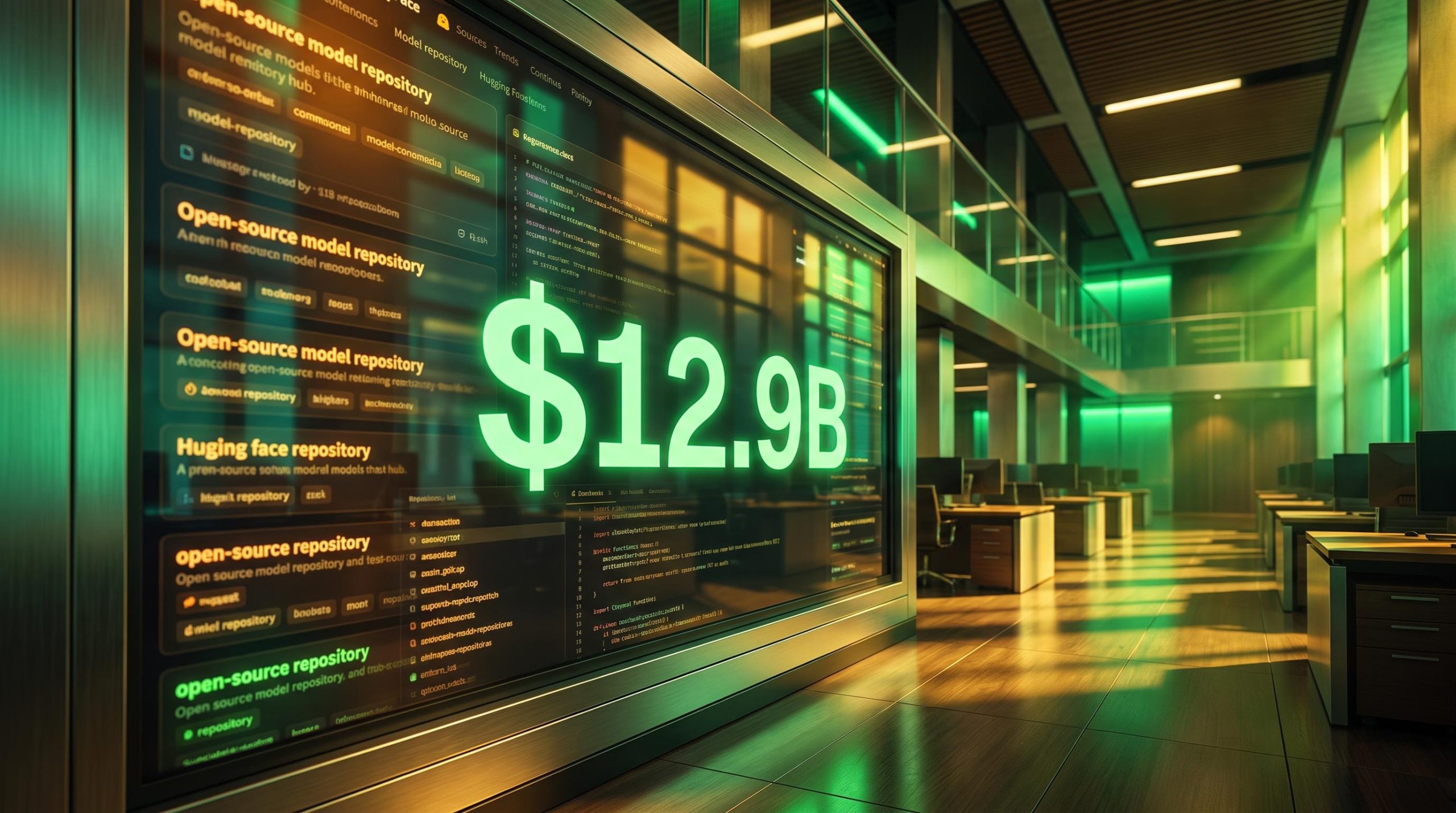 Nvidia's $12.9B Hugging Face acquisition displayed on a glowing trading terminal above an AI model repository cascade