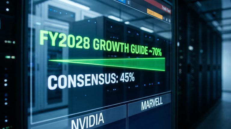 Nvidia FY2028 70% growth guide versus 45% consensus gap on a glowing financial terminal screen