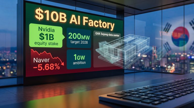 Nvidia $1B Naver equity stake data screen showing –5.68% share drop and $10B AI factory figures, Seoul skyline